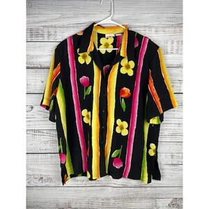 Vintage Alia Black Short Sleeve Button Up Bright Floral Retro Plus 20W Resort